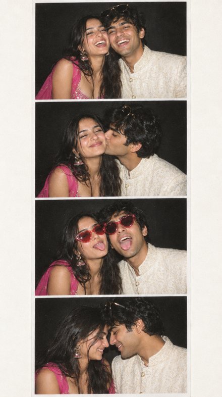 Photobooth strip of the couple: laughing, a kiss on the cheek, heart sunglasses, foreheads together